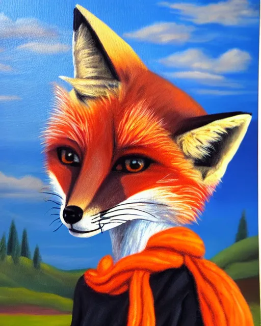 Image similar to oil painting portrait of anthropomorphic female fox animal dressed in sweater and scarf, fox animal, movie studio in background, location movie studio, oil painting,