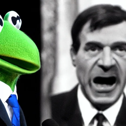 Prompt: president Kermit the frog giving state of the union adress to xenomorph congress