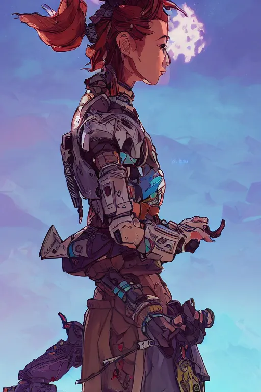 Image similar to combination suit armor aloy horizon forbidden west horizon zero dawn robot ninja mask helmet backpack tribal, art gta 5 comics, official fanart behance hd artstation by jesper ejsing, by rhads, makoto shinkai and lois van baarle, ilya kuvshinov, ossdraws radiating a glowing aura cgi rtx 2 0 2 2