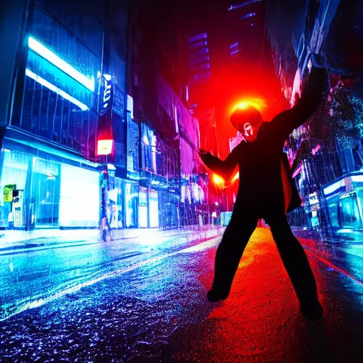 Prompt: an extreme wide shot of a cybernetic ninja chasing a man in a suit, raining in the city streets lit up with neon