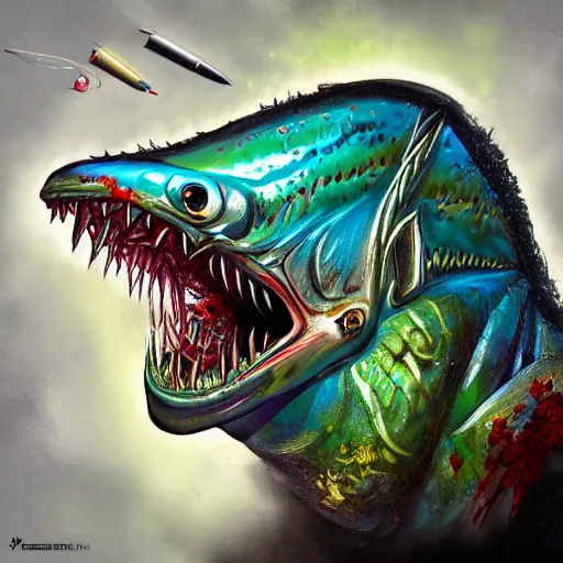 an ugly fish eating an ugly fish, illustration, ultra