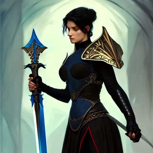 Image similar to portrait, woman dressed in plate armor with black hair and blue eyes wielding a greatsword, elegant, digital illustration, fire magic, detailed, intricate, sharp focus, digital painting, deep focus, digital painting, artstation, concept art, matte, art by artgerm and greg rutkowski and alphonse mucha