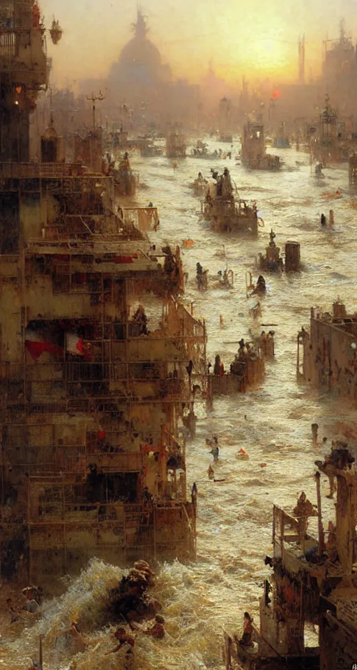 Prompt: the sea flooding the entire city of modern ahwaz. you can see the water entering buildings highly detailed painting by gaston bussiere, craig mullins, j. c. leyendecker