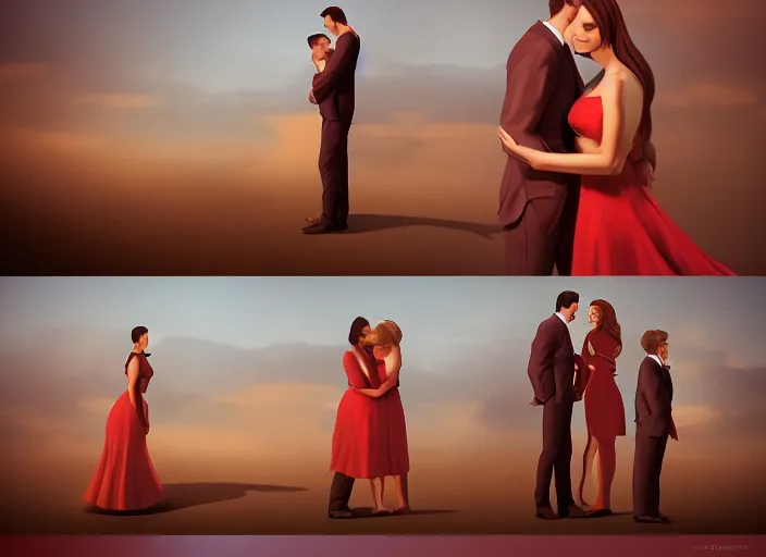 Image similar to couple, man and woman in pose of couple vol 2 photo reference pack for artists, spirit hugs, gold trim, atmoshperic, elegant, sharp focus, red sun, huge lips, poses by satine zillah, environment by hw 6 5 2 3, art by ilya ozornin, artstation, intricate details, concept art