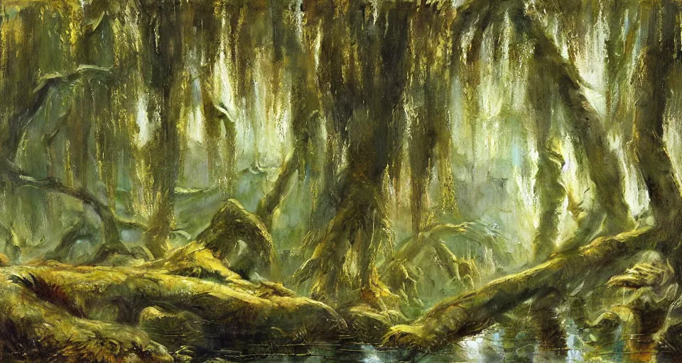 Image similar to ancient willow forest, hemlocks, moss, stream, intricate, vivid colors, elegant, highly detailed, ivan shishkin, john park, frazetta, john howe, ruan jia, jeffrey catherine jones