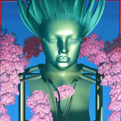 Image similar to Syd Mead, award winning masterpiece with incredible details, Syd Mead, a surreal vaporwave vaporwave vaporwave vaporwave vaporwave painting by Syd Mead of an old pink mannequin head with flowers growing out, sinking underwater, highly detailed Syd Mead