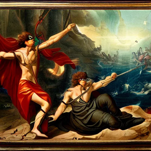 Image similar to Orpheus fighting the Cyclops, matte painting, high detail, clear resolution