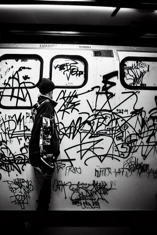 Image similar to subway cabin inside all in graffiti, man in stussy jacket closeup writing graffiti, night, film photography, exposed b & w photography, christopher morris photography