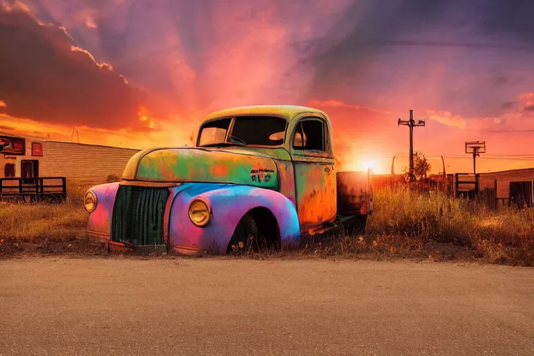 Image similar to a sunset light landscape with historical route 6 6, lots of sparkling details and sun ray ’ s, blinding backlight, smoke, volumetric lighting, colorful, octane, 3 5 mm, abandoned gas station, old rusty pickup - truck, beautiful epic colored reflections, very colorful heavenly, softlight