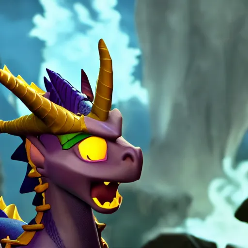 Image similar to cinematic portrait of Spyro the Dragon breathing fire