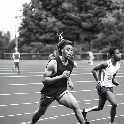 Image similar to photograph of an male runner athlete being chased by Zombies in the background. Track and field event. DSLR Photography