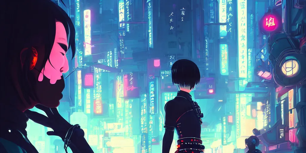 Image similar to digital illustration closeup portrait of cyberpunk samurai in city street at night by makoto shinkai, ilya kuvshinov, lois van baarle, rossdraws, basquiat | afrofuturism, in the style of hearthstone, trending on artstation | cool color scheme