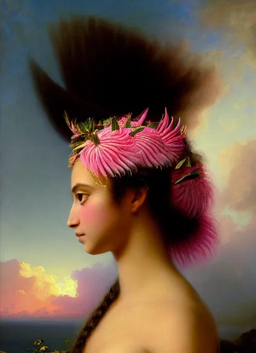 Prompt: stunning tahitian godess princess, detailed pink and white protea head peace against a black backdrop by ivan aivazovsky, 3 / 4 view portrait, wlop, super sharp details, photorealism, canon 5 d, 5 0 mm lens, stunning photoshot, beautiful soft lighting, muted colours, artstation