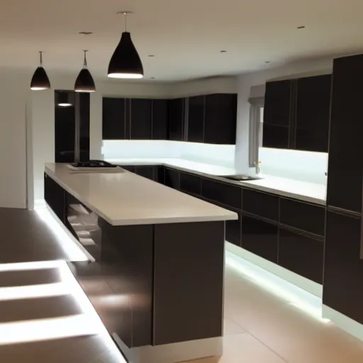 Image similar to modern kitchen with led strip lighting, homes and gardens, super detailed render, award winning