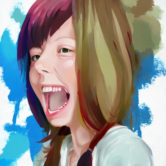 Image similar to nice quality and nice everything painting of a nice portrait of the popular girl at the psych ward laughing at the viewer, the style is like Watamote rendered with 3D effect.