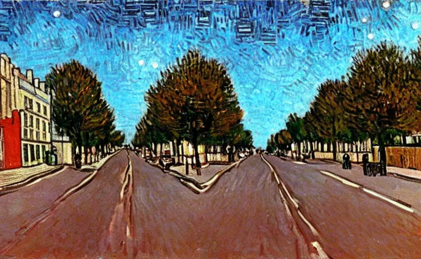 Image similar to abbey road, london at night, painting by van gogh, oil paint,