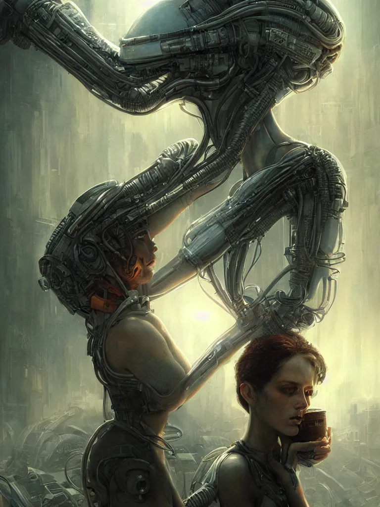 Image similar to a hyperrealistic cyberpunk portrait of a gorgeous woman in the movie Alien, in a derelict spaceship and fractal sunlight, award-winning, masterpiece, in the style of Tom Bagshaw, Cedric Peyravernay, Peter Mohrbacher