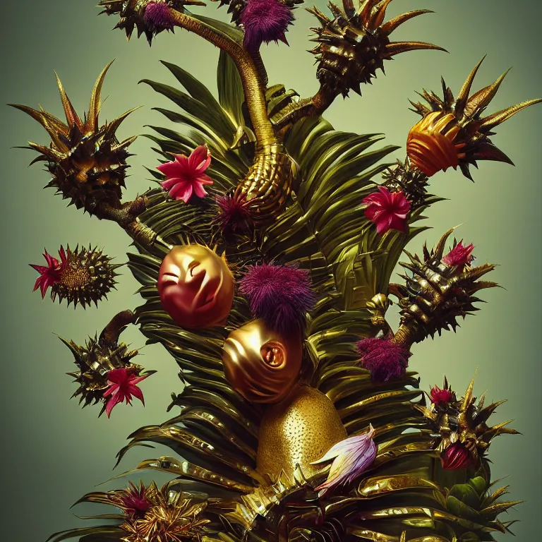 Image similar to still life of surreal alien tropical flowers, surreal alien spiky tropical fruit, metallic glossy shiny human spine, baroque painting, beautiful detailed intricate insanely detailed octane render, 8K artistic photography, photorealistic, chiaroscuro, Raphael, Caravaggio