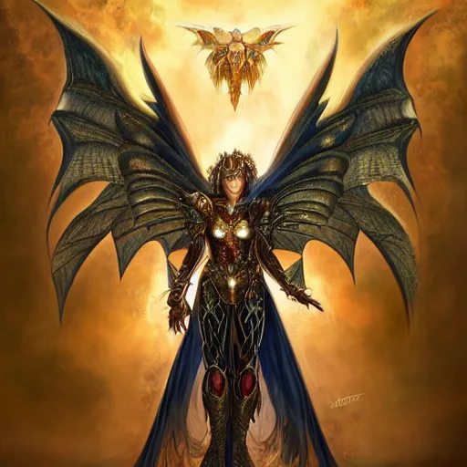 Prompt: a beautiful symmetrical muscular full body wearing a dragon armor with wings made of golden ornaments and gems, by alex gray and android jones , Karol Bak, Ayami Kojima, Amano , concept art, character design, fantasy,3D, 8k resolution