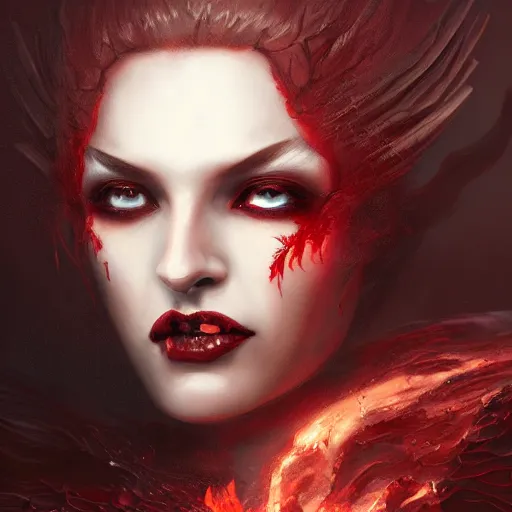 Image similar to portrait of burning woman, fire, blood red eyes, open mouth, vampire fangs, fantasy, intricate, elegant, highly detailed, digital painting, artstation, concept art, matte, sharp focus, illustration, octane render, unreal engine, art by aenaluck and roberto ferri and greg rutkowski, epic fantasy, digital painting