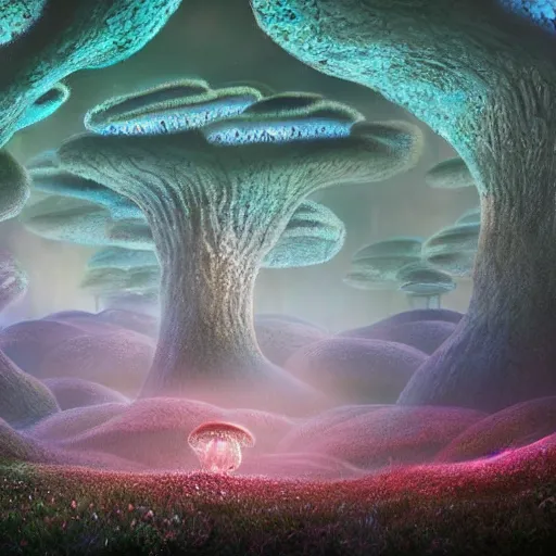 Image similar to dreamy landscape dominated by mushrooms connected by a vast mycelial network, otherworldly, beautiful, magical