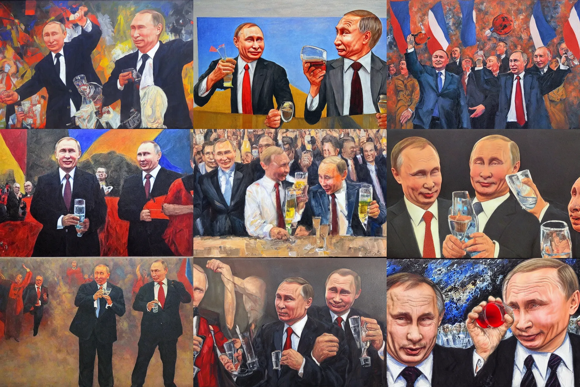 Prompt: ( ( ( ( ( viktor orban ) ) ) ) )!!! and putin drinking and cheering at the apocalyse, highly detailed face, oil on canvas