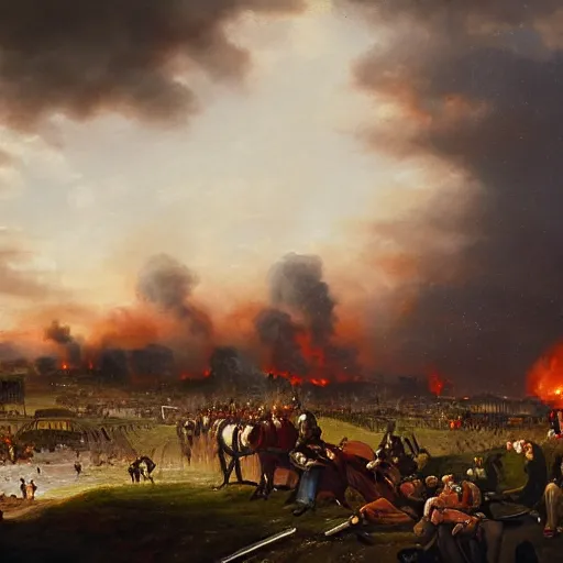 Image similar to Highly detailed and cinematic romantic period oil painting of the battle of Waterloo, with a detailed and realistic tardis from dr who, strong atmosphere, oil painting masterpiece by Josep Tapiró Baró, dynamic lighting, 8K