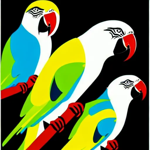 Image similar to parrots playing with one another wide angle shot, white background, vector art, illustration by frank frazetta