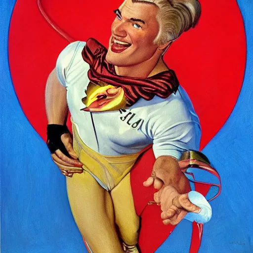 Image similar to a portrait painting of Flash Gordon. Painted by Norman Rockwell