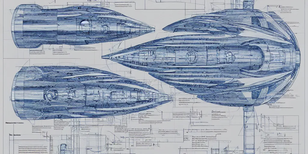 Image similar to blueprint for a sentient starship, technical drawing with annotations and notes in the margins, algorithms and physics equations, concept design by peter mohrbacher and craig mullins and hiroshi yoshida and james jean and frank frazetta and michael whelan and andreas rocha