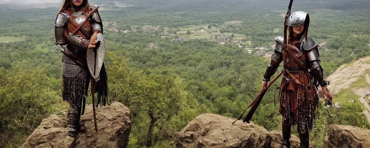 Prompt: https://www.tribality.com/wp-content/uploads/2016/01/ranger-scout.jpg photo of one beautiful medieval-female-scout in plate-armor with green crystals who is over-watching the countryside from a cliff, elegant, highly detailed, smooth, sharp focus, illustration, beautiful, geometric, trending on artstation, unreal engine, octane render, cinematic, artwork by WLOP