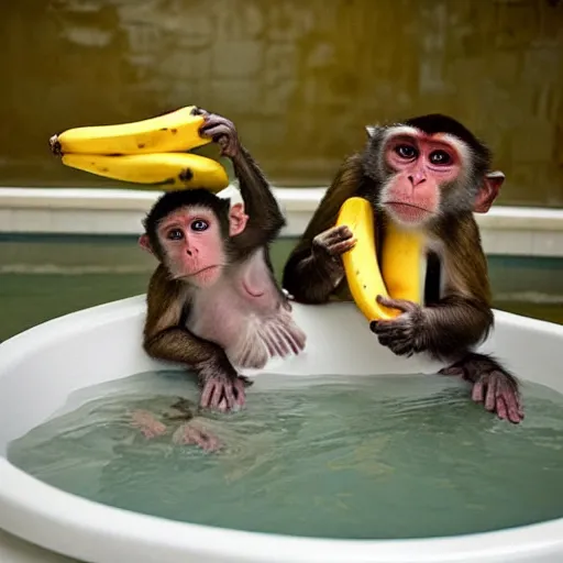 Image similar to monkeys bathing in a tub and eating bananas, national geographic