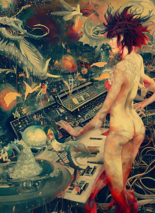 Prompt: surreal gouache painting, by yoshitaka amano, by ruan jia, by Conrad roset, by good smile company, Noel Fielding surrounded by magical dragonflies and a big DJ Mixer, deck, portrait, cgsociety, artstation, rococo mechanical and Digital and electronic, dieselpunk atmosphere
