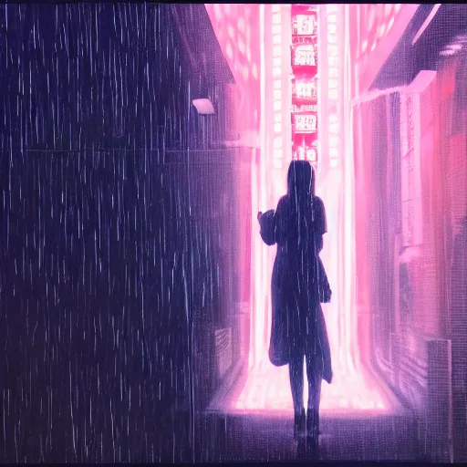 Prompt: silhouette of Elle Fanning dodging laser beams, stormy weather, extremely detailed masterpiece, oil on canvas, low-key neon lighting, artstation, Blade Runner 2049, Roger Deakin’s cinematography, by J. C. Leyendecker and Peter Paul Rubens,