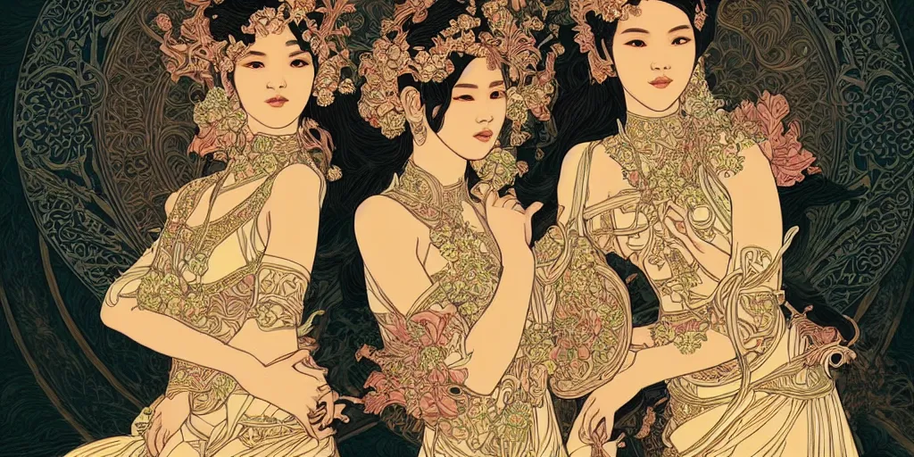 Image similar to beautiful and detailed digital illustration of a twin thai princesses by kittichai rueangchaichan, floralpunk, Artstation, art nouveau aesthetic, Alphonse Mucha background, intricate details,concept art, realistic, dramatic, detailed intricate ink illustration, heavenly atmosphere