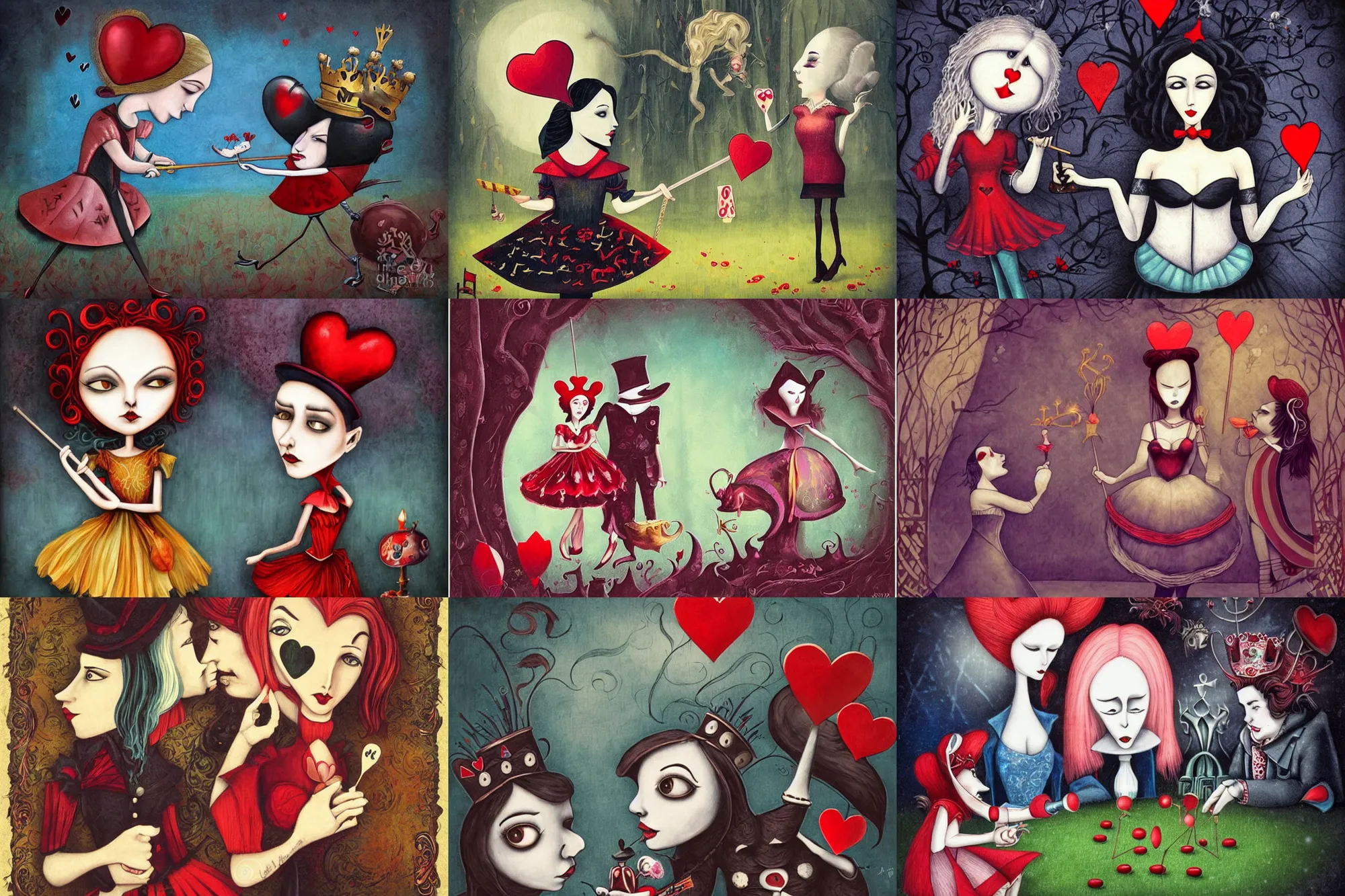 Prompt: Alice joins a game of croquet with the Queen of Hearts, dramatic, art style Megan Duncanson and Benjamin Lacombe, super details, dark dull colors, ornate background, mysterious, eerie, sinister