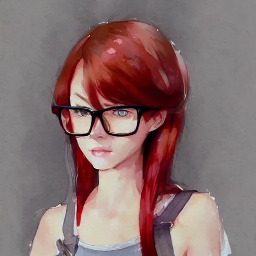 Prompt: red haired girl with glasses, artstation, watercolor, highly detailed, portrait, by krenz cushart