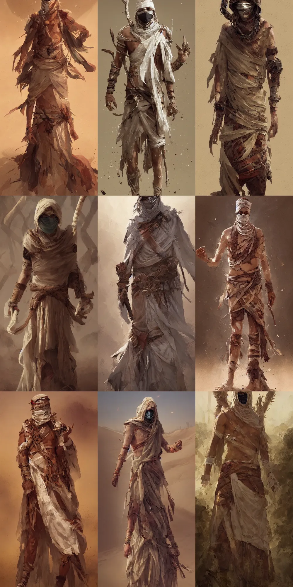 Image similar to a desert druid wearing bandages all over his body, full body, covered in bandages, masked, greg rutkowski