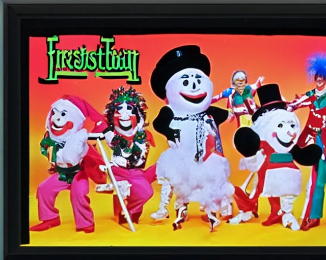 Image similar to 8 0's christmas special, featuring frosty the snowman, the band kiss, and the harlem globe trotters, frame from vhs tape