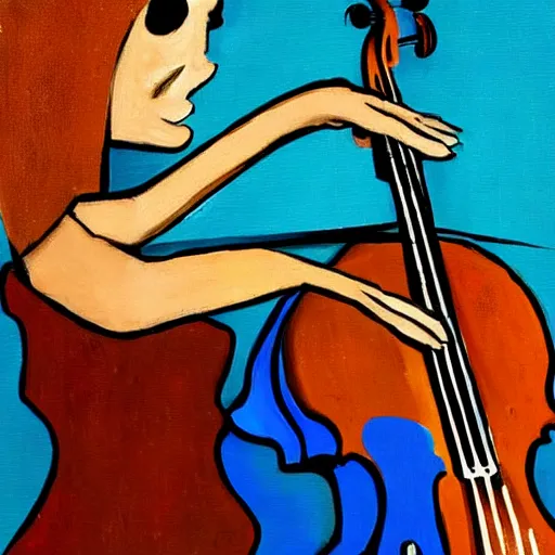 Prompt: woman playing a cello, stuckism art style,