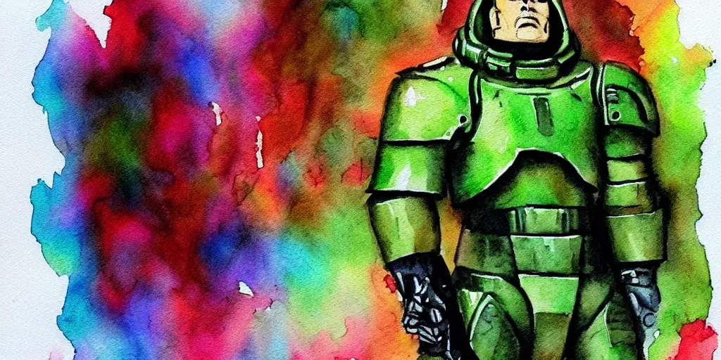 Image similar to doomguy watercolor art pastel colors pergament paper