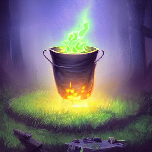 Image similar to a cauldron filled with a magical green glowing potion hanging above a campfire, night, fantasy, digital art, mysterious