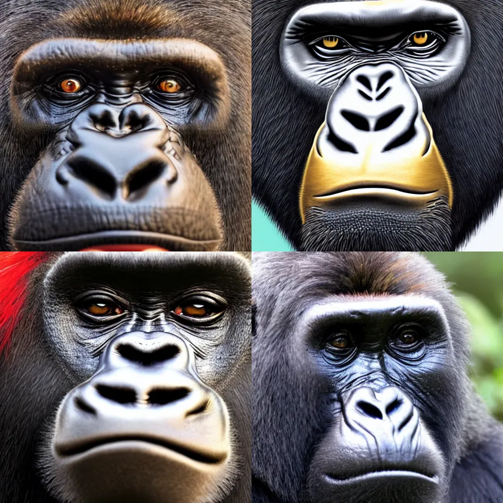 Prompt: a detailed portrait of a silverback gorilla in close-up with a gold nose ring and red iroquois hairstyle