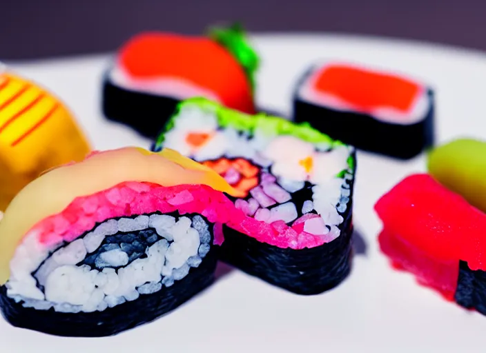 Image similar to dslr food photograph of candy sushi, 8 5 mm f 1. 8