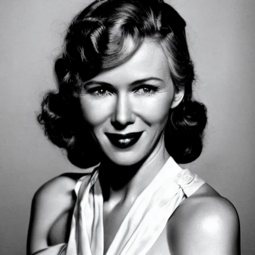 Image similar to Naomi Watts 1940s black and white 20th Century Fox promotional photo. Golden Age of Hollywood.