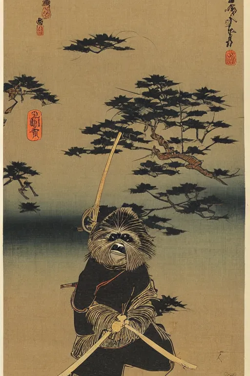 Prompt: Japanese woodblock print of an Ewok holding a samurai sword , cherry blossom, Hokusai