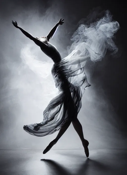 Image similar to a Photorealistic dramatic hyperrealistic render of a glamorous beautiful Female smoke dancer by Ken Brower and Deborah Ory of NYC Dance project,Lois Greenfield,Flowing cloth and smoke,Beautiful dynamic dramatic dark moody lighting,volumetric,shadows,cinematic atmosphere,Octane render,8K