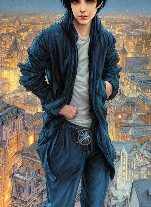 Image similar to handsome young man with short black hair, glowing light blue eyes, pale skin, wearing jeans and a black hoodie, detailed night time cityscape background, realistic painting by ross tran and gerald brom and alphonse mucha, ilya kuvshinov, svetlana tigai, artgerm, trending on artstation