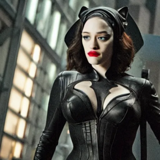 Image similar to a movie still of Kat Dennings as Catwoman in the new movie Batman