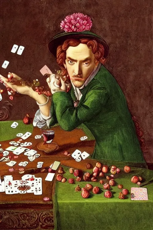 Prompt: intricate beautiful medium - shot, the card player man, blonde reddish hair, in green and pink clothes of 1 7 th century, holds playing cards, wine glass, pomegranates and flowers on the table, in card's player by sezanne, by rutkowsky, wlop, artgerm, botticelli, matte painting, renaissance painting